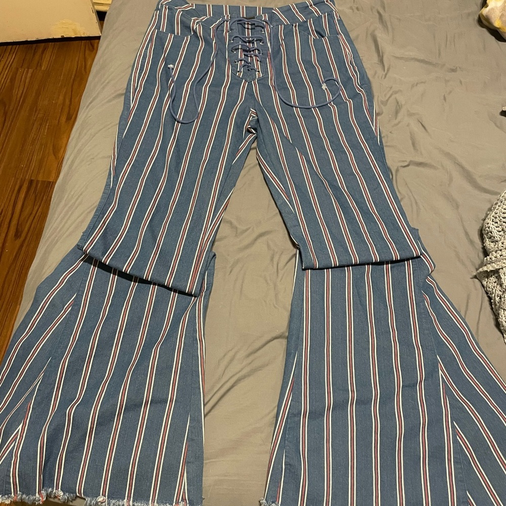 Striped Flare lace up Jeans